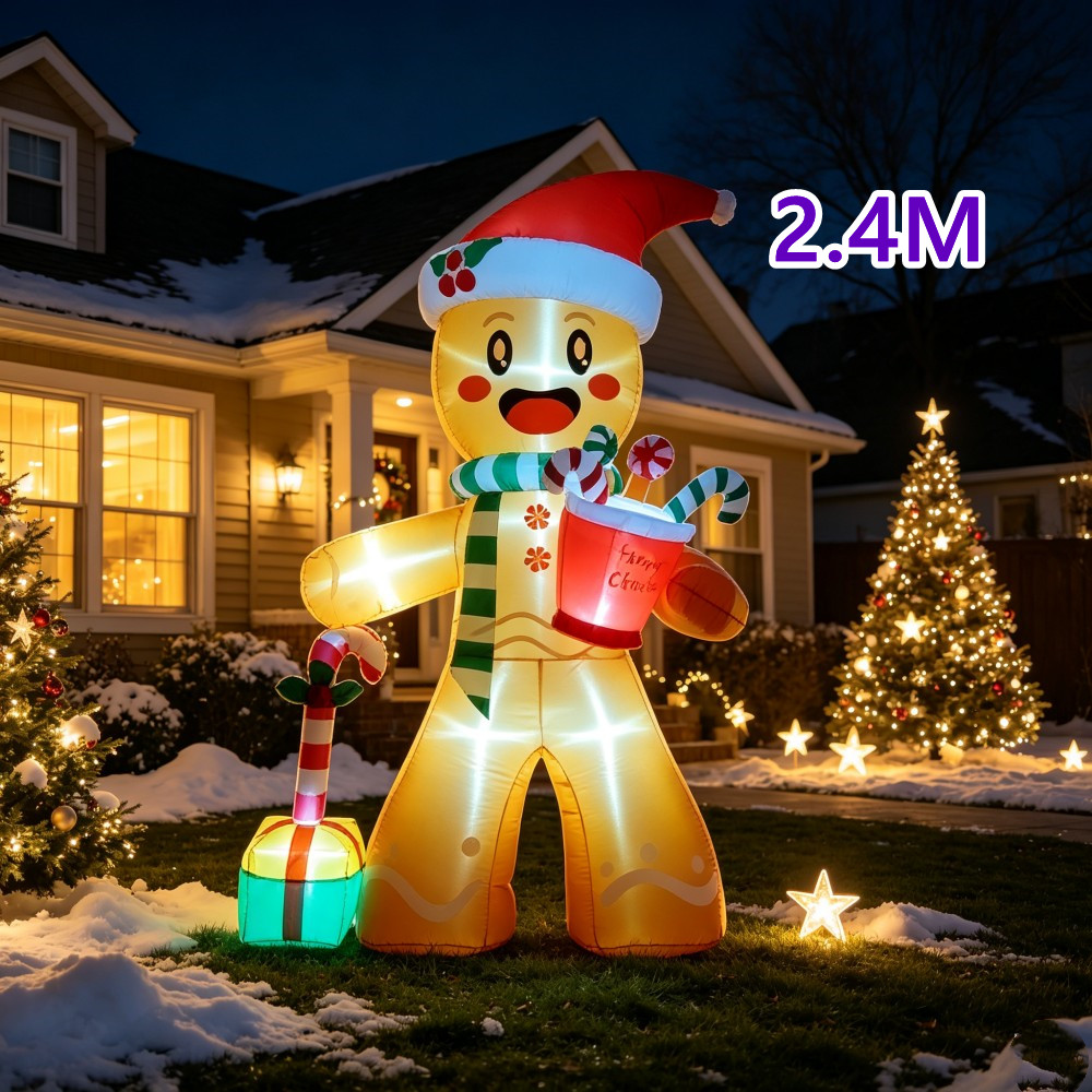 Christmas Lights Outdoor - Christmas 2.4M Inflatable Gingerbread Men Built-in